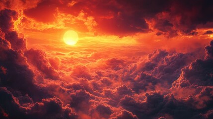 Dramatic sunset sky filled with billowing clouds illuminated in vibrant shades of orange,