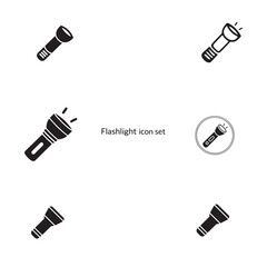 This set of five black and white flashlight icons displays various styles.