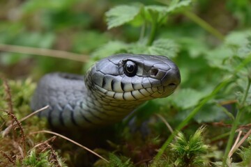 Fototapeta premium Snake Resting in Green Moss and Foliage Outdoors