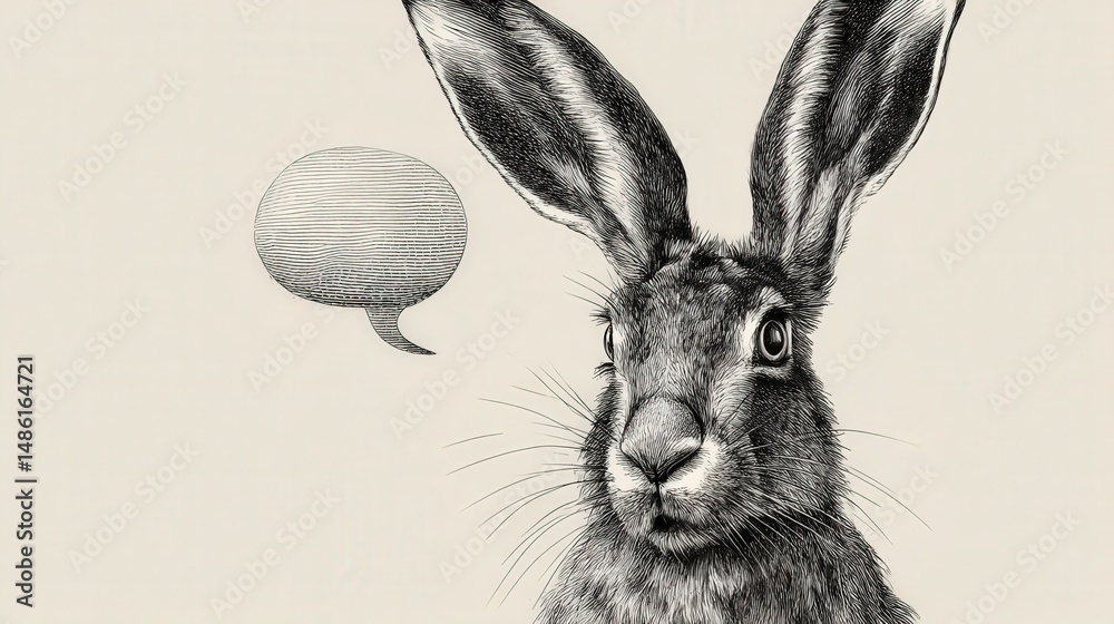 Poster adorable long-eared rabbit with a bright balloon and whimsical speech bubble doodle element for crea