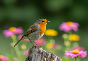 Fototapeta premium European Robin Bird on Wooden Post Spring Flowers Garden Transparent Background