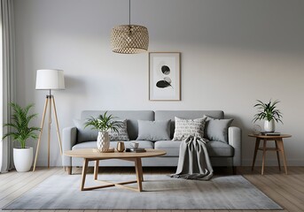 A stylish living room with gray tones, plants, and elegant decor creating a tranquil atmosphere
