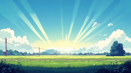 Obraz premium Sunrise over a vast, grassy plain. Small, detailed trees and flowers. Gentle, stylized hills in the distance