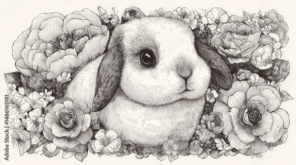 Poster Kawaii-style bunny surrounded by colorful flowers in a playful setting with exaggerated features and cheerful vibes