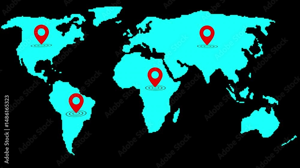 Poster world map with highlighted locations using red markers. global locations highlighted on a world map 