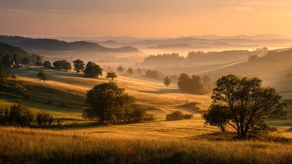 Fototapeta premium Idyllic Countryside With Mist and Sunshine