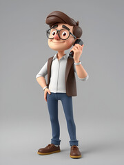 Screenwriter 3D Cartoon Model Design. A male screenwriter stands with his right hand answering a phone call while his left hand is beside his body. 3D Design