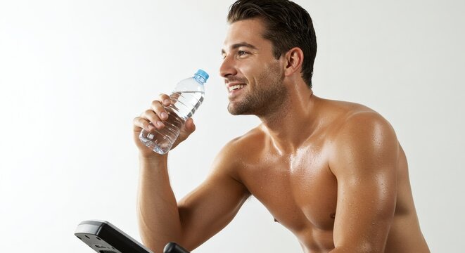 A smiling man takes a water break after an intense workout session at the gym to hydrate.