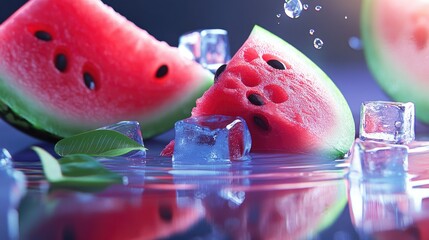 A vibrant slice of watermelon surrounded by splashes of water and ice cubes,