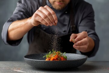 Chef Preparing Food Sprinkling Seasoning on Dish