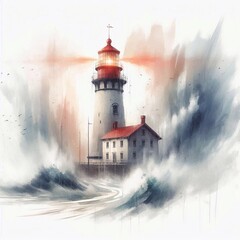 Watercolor Lighthouse with Waves and Splashes on White Background. AI generated illustration