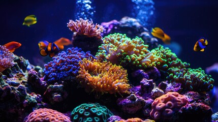A vibrant underwater scene showcasing a coral reef teeming with life.