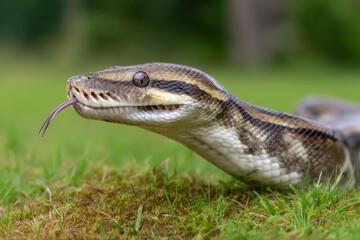 Obraz premium Snake Sticking Out Tongue in Green Grass Outdoor