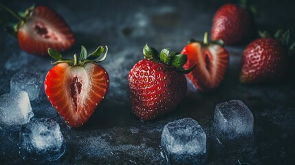 Three fresh strawberries partially immersed in clear ice cubes,