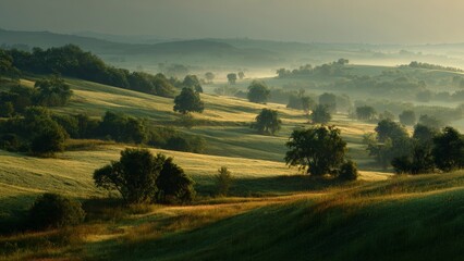 Obraz premium Early Light Illuminating Hills and Forest