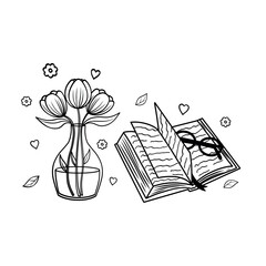An illustration depicting an open book and flowers