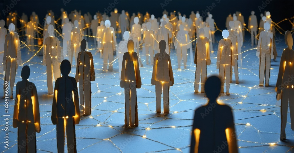 Poster abstract figures connected by glowing lines. represents network, communication, relationships, digit