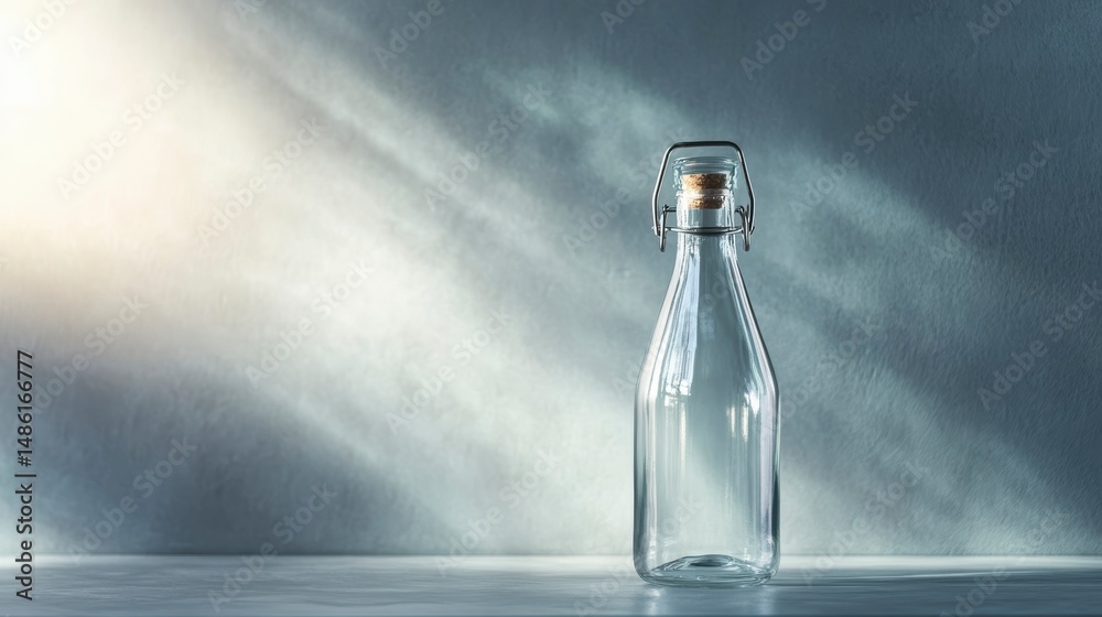 Poster empty glass bottle with swing-top closure on a table, illuminated by sunlight.