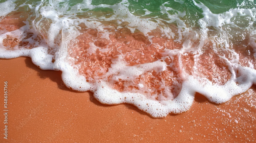 Aufkleber the ocean is a beautiful shade of pink and orange. the waves are crashing against the shore, creatin