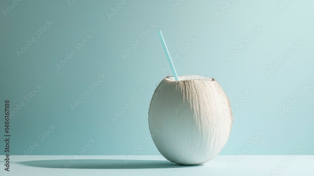 Poster refreshing coconut water drink in a coconut shell with a straw against a light blue background.
