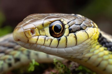 Fototapeta premium Close-up of a Snake Head with Yellow Markings and Detailed Scales
