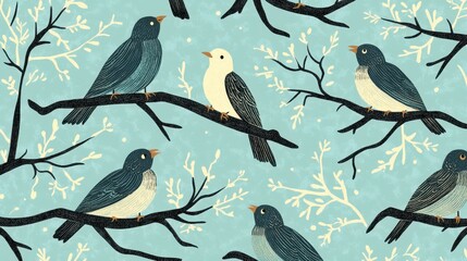 Wintery bird pattern on light blue background.