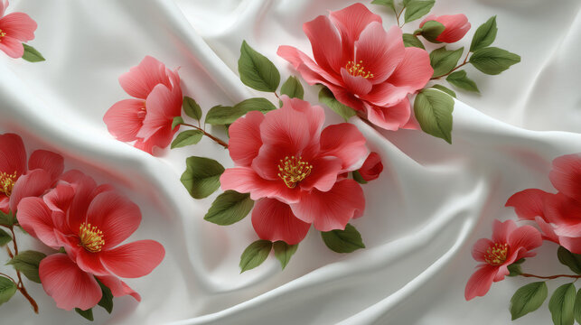 Fototapeta Delicate pink camellia flowers are artistically arranged on a luxurious, flowing white silk fabric creating an elegant and romantic floral background design.