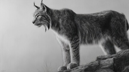 A regal lynx surveys its domain, rendered in detailed grayscale.  It stands proudly atop a rocky outcrop