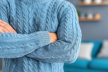 A person in a cozy blue knit sweater stands with arms crossed in a modern, softly blurred living room.