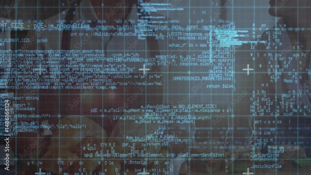 Poster two developers reviewing code in conference room, projecting augmented grid and code text overlays