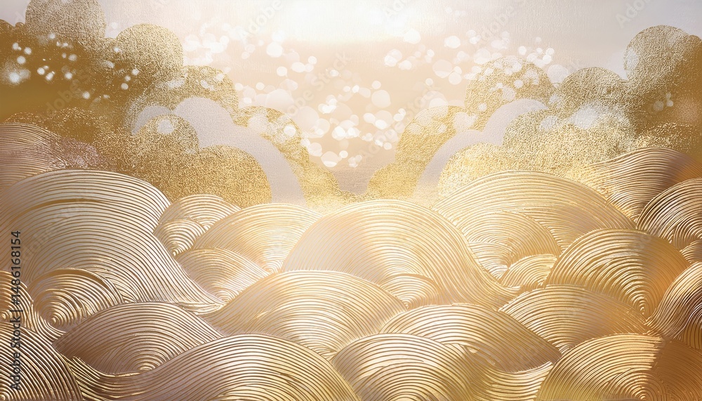 Poster golden abstract waves and clouds with metallic texture and luminous bokeh background for luxury branding, packaging design, website header, or elegant print media backdrop

