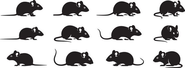 Twelve Black Silhouettes of Mice in Various Poses