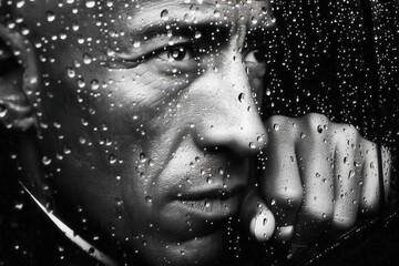 A man gazes thoughtfully through a rain-covered window, his face filled with emotion and introspection.