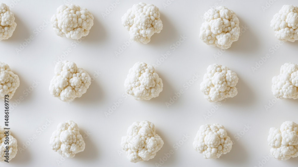 Poster Overhead shot of small cauliflower florets arranged in a grid pattern on a white background.