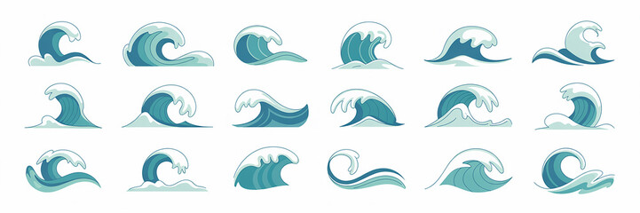 Collection of stylized ocean waves in various shapes and cartoonish designs isolated on white