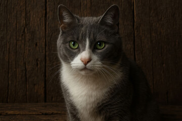 Portrait of a Gray and White Cat with Striking Green Eyes