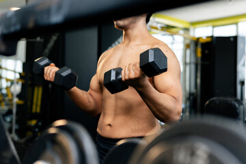 Bodybuilder lifting weights, concentrating on biceps exercise in gym