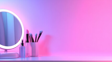 Stylish vanity setup with a mirror and makeup brushes against a colorful gradient background