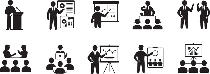 Business Presentation Icons Set Presentations and Meetings