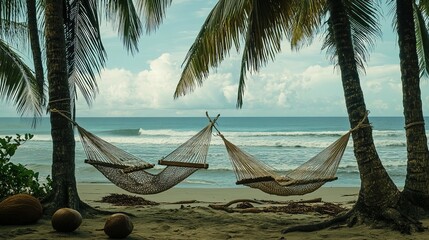 * Beach hammocks tied to coconuts near tranquil waves.