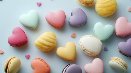 Fototapeta premium Colorful heart-shaped macarons scattered on a light blue surface. Delicate pastel colored cookies
