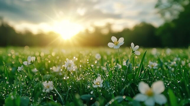 White flowers bloom on the dew covered green grass during a bright sunrise in the meadow. - Powered by Adobe