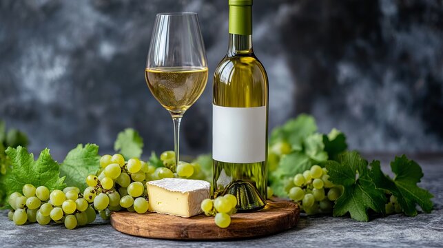 White wine bottle stands near a filled glass, brie cheese and green grapes on a wooden board against a textured backdrop.