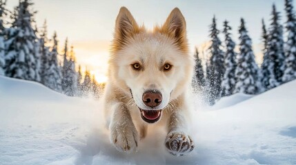 Naklejka premium White Yakutian Laika runs through snow-covered ground amidst evergreen trees during a bright sunny day.