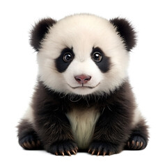 Fototapeta premium A small, fluffy panda cub with big, innocent eyes sits against a white background.