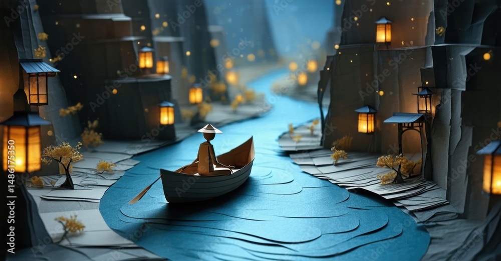 Poster papercraft scene depicts boat, lone figure navigating waterway. illuminated lanterns line banks, cre