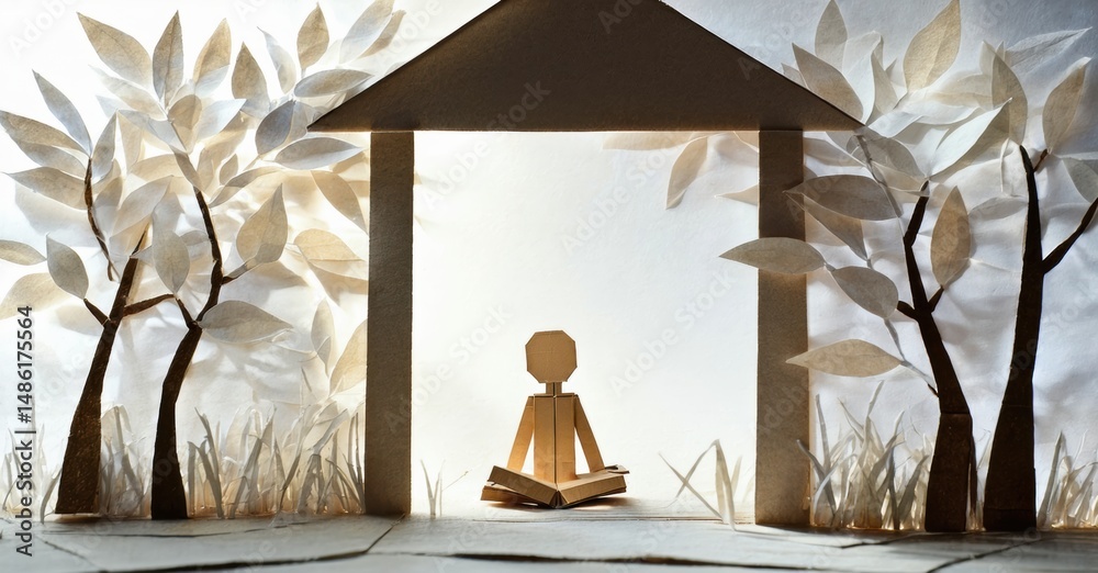 Aufkleber Papercraft scene depicts meditation. Figure sits calmly reading within simple structure surrounded by trees, grass. Peaceful, serene.