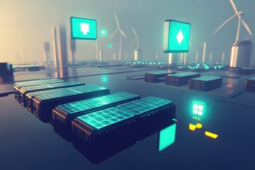 Futuristic city powered by renewable energy, with solar panels and wind turbines, a technological cityscape