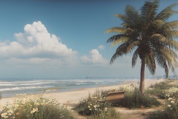 A Serene Beach Scene with a Wooden Bench, Palm Tree, and Distant Lighthouse