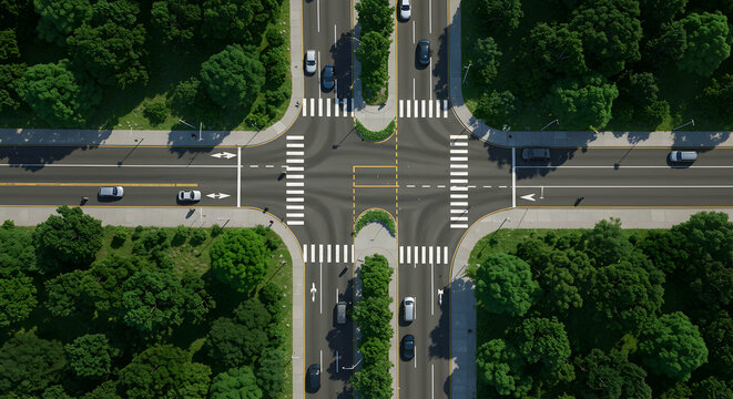 Aerial view of a four way intersection surrounded by lush green trees and cars driving on the roads